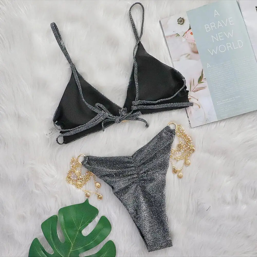 AMEHE Luxury Rhinestone Crystal Two-Piece Thong Bikini Swimsuit