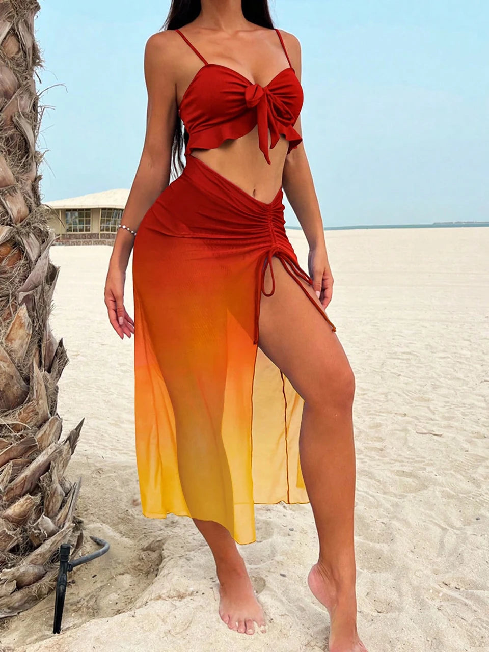 AMEHE 3-Piece Tie-Dye High-Waist Bikini with Drawstring Beach Skirt