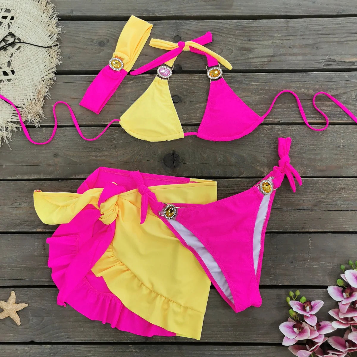 AMEHE Rhinestone Halter Bikini with Beach Skirt – 3-Piece Swimwear Set