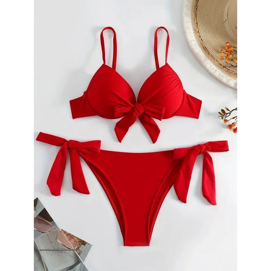 AMEHE Women's Classic Solid Color Push-Up Bandage Two-Piece Bikini