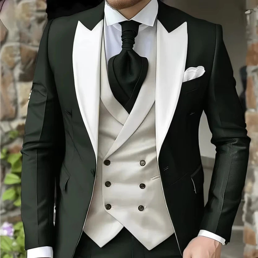 AMEHE Men’s White 3-Piece Tuxedo Suit – Blazer, Vest & Pants