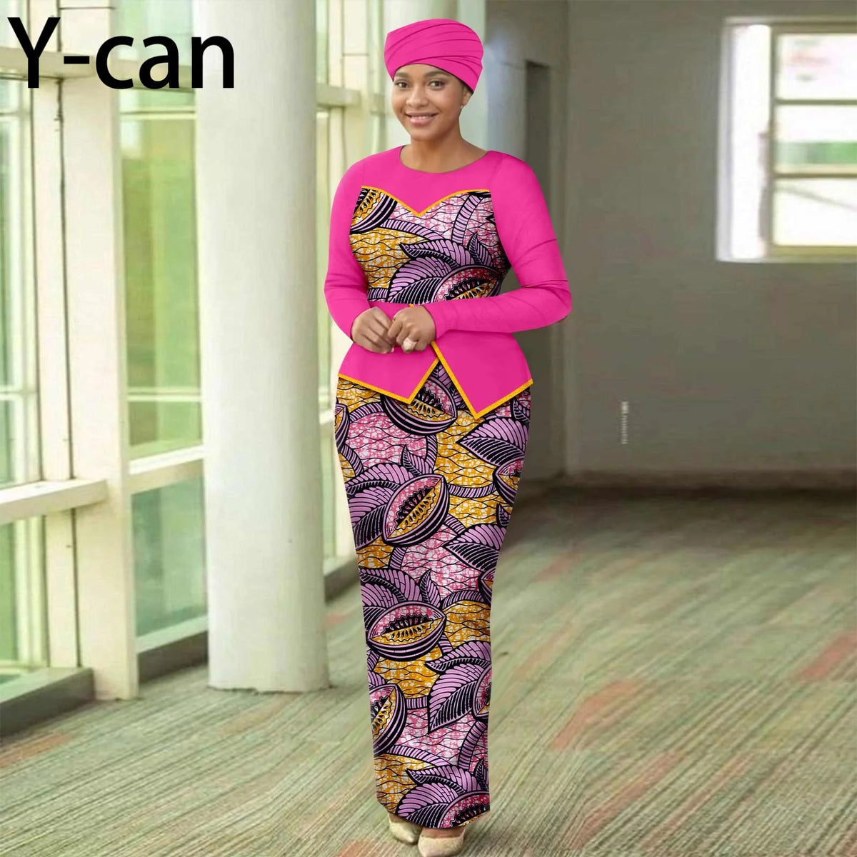 Women’s African Print Patchwork Gown with Headscarf – Elegant Wedding & Party Dress