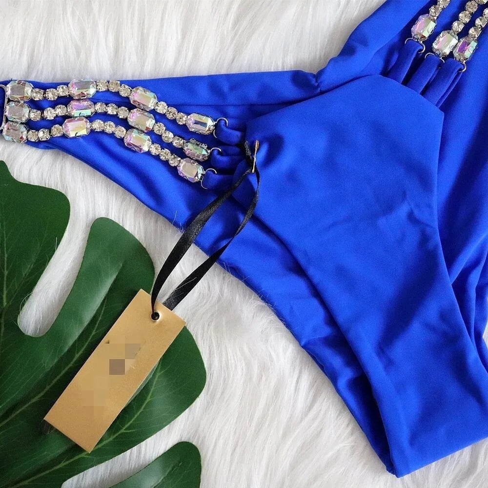 AMEHE Luxury Rhinestone Crystal Two-Piece Thong Bikini Swimsuit
