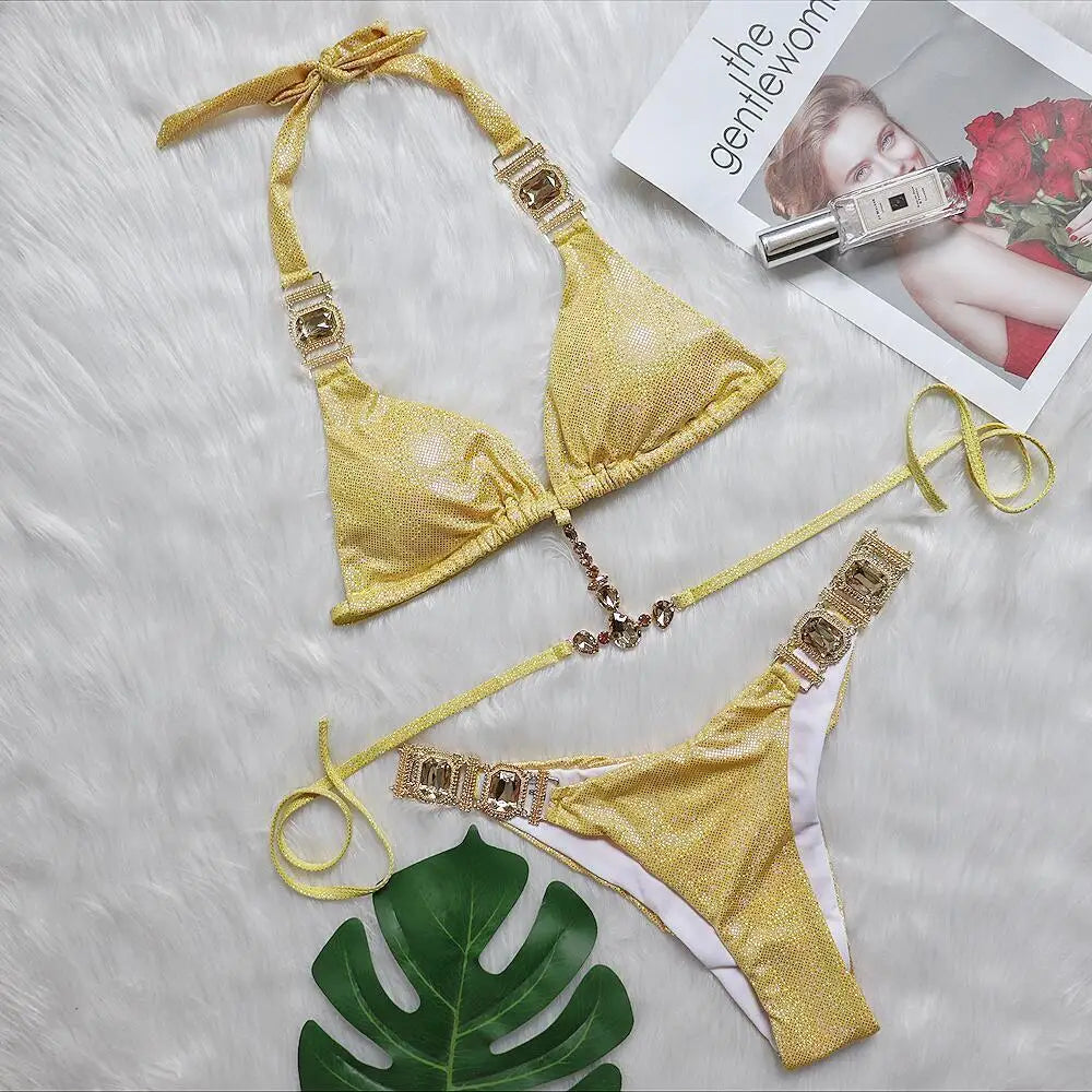 AMEHE Luxury Rhinestone Crystal Two-Piece Thong Bikini Swimsuit
