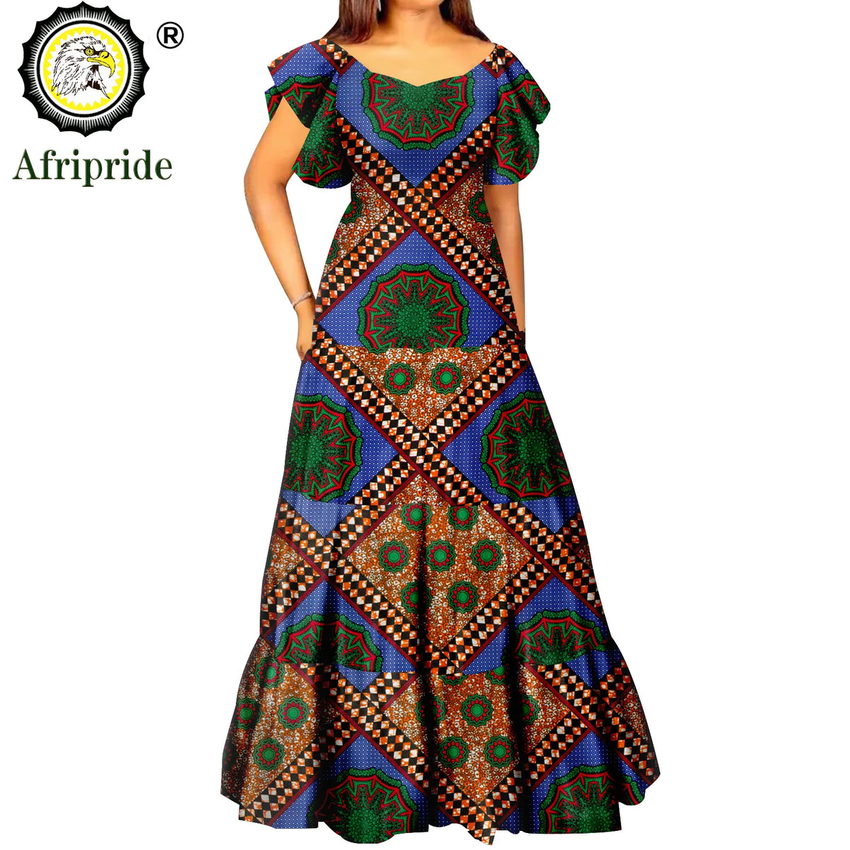 Women’s African Print Maxi Dress – Short Sleeve High Waist Elegant Party & Wedding Attire