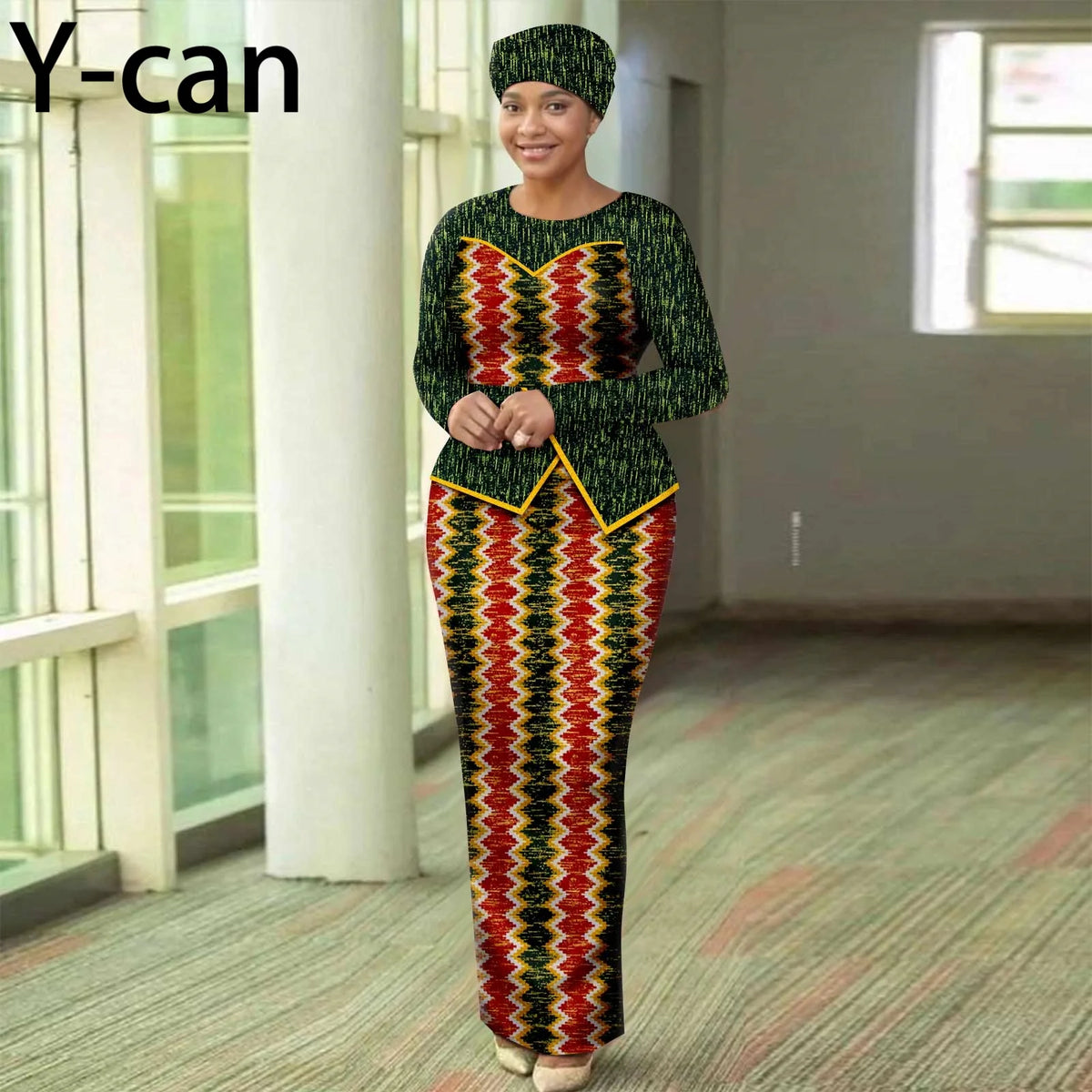 Women’s African Print Patchwork Gown with Headscarf – Elegant Wedding & Party Dress