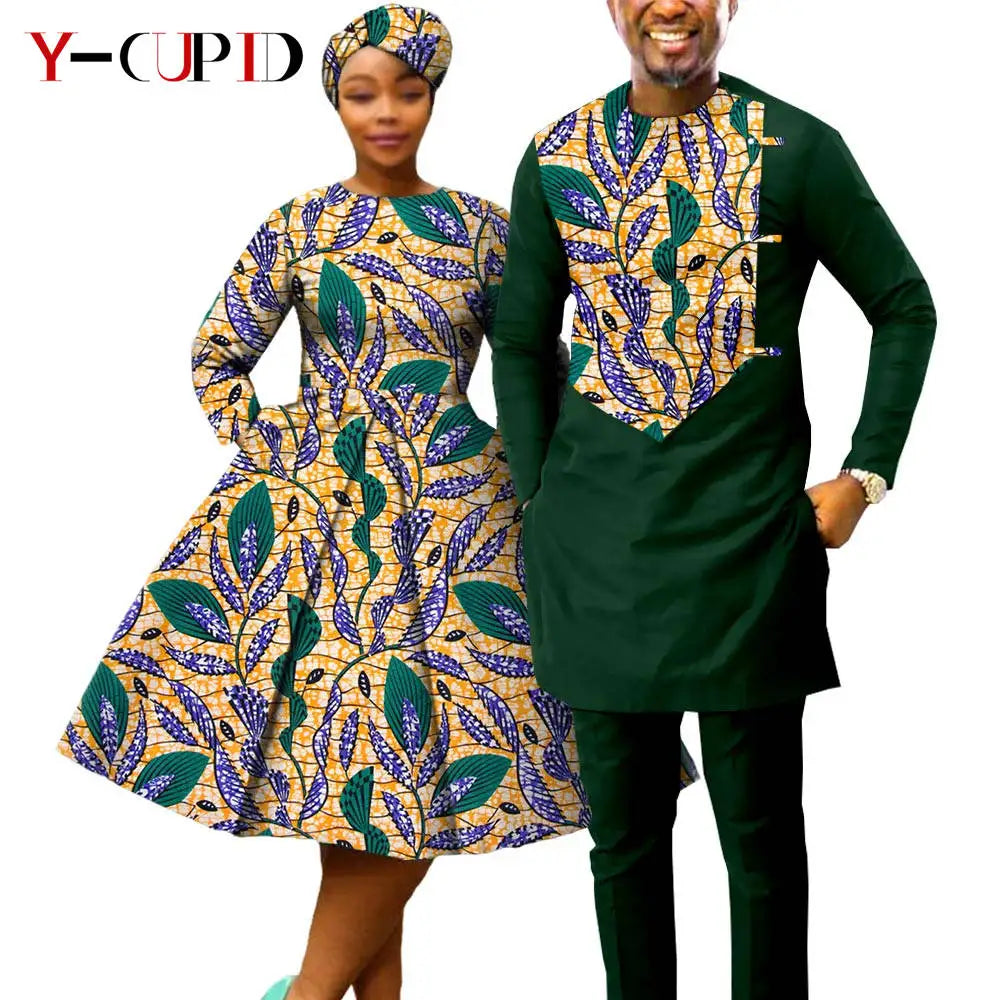 African Matching Couple Outfits | Dress, Headwrap & Men’s Dashiki Set