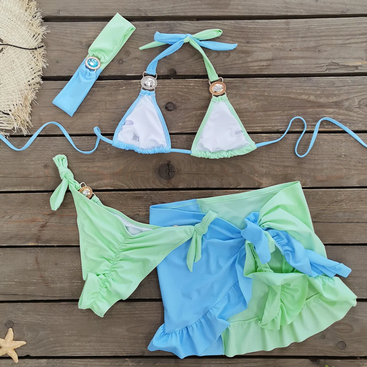 AMEHE Rhinestone Halter Bikini with Beach Skirt – 3-Piece Swimwear Set