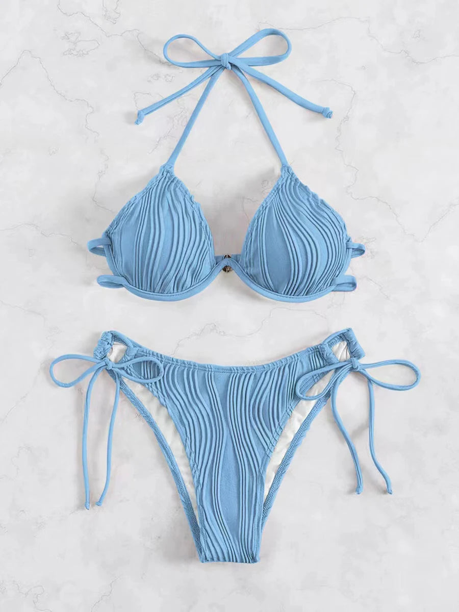 Women's Halter String Push-Up Bikini Set – Solid Color Two-Piece Swimsuit, Sexy Beach Swimwear