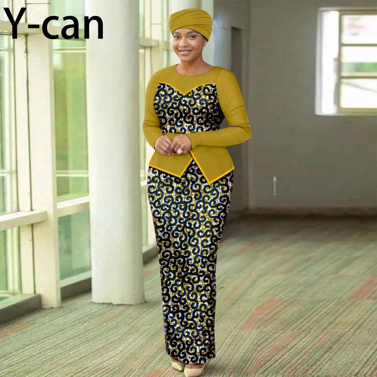 Women’s African Print Patchwork Gown with Headscarf – Elegant Wedding & Party Dress