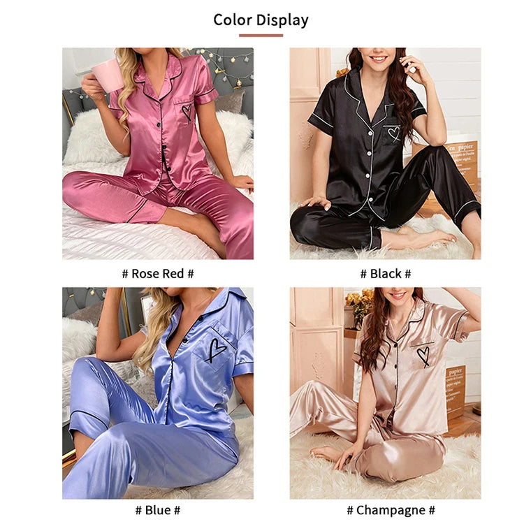 AMEHE Women's Satin Heart Embroidered Button-Up Pajama Lounge Set