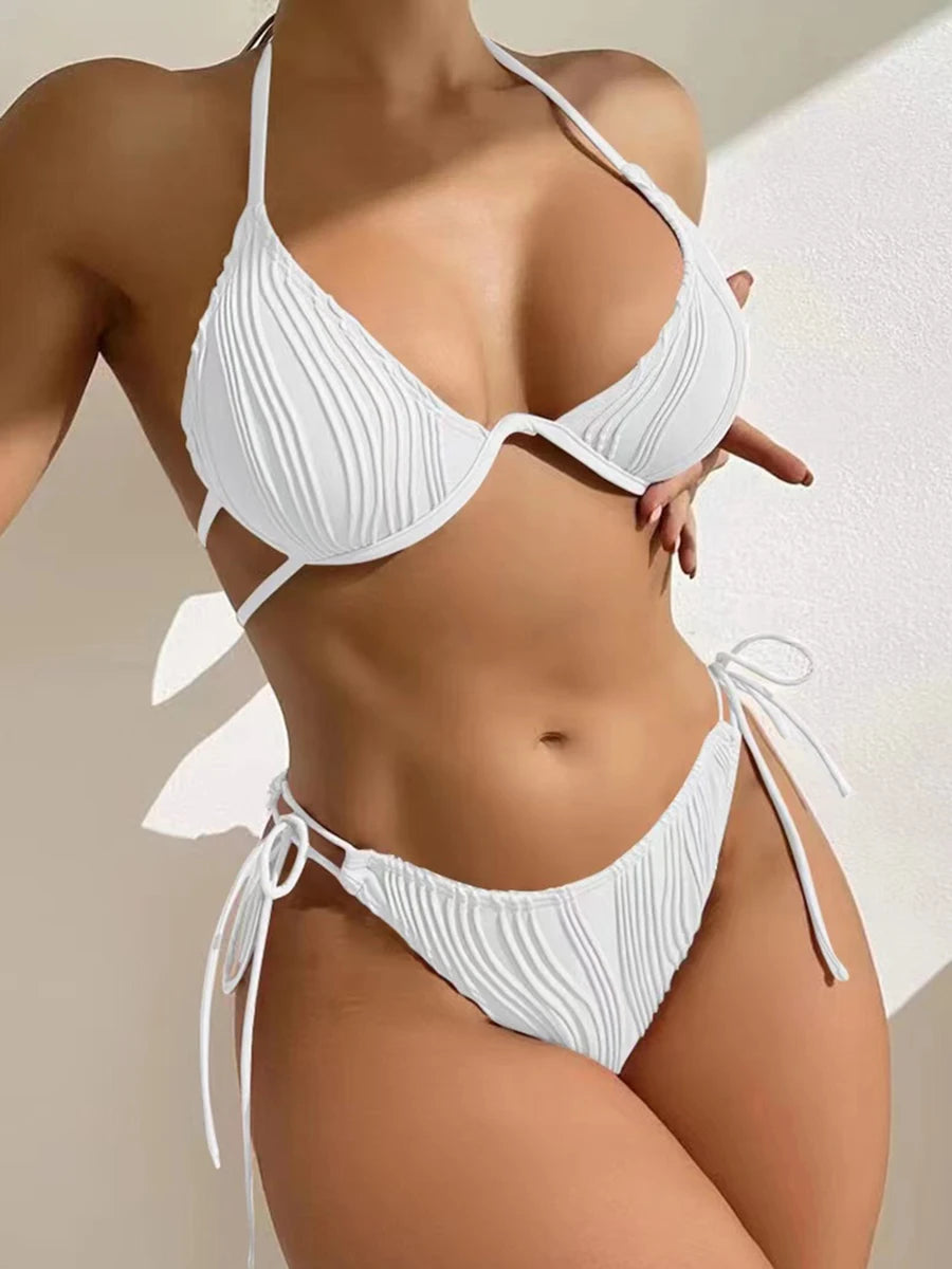 Women's Halter String Push-Up Bikini Set – Solid Color Two-Piece Swimsuit, Sexy Beach Swimwear