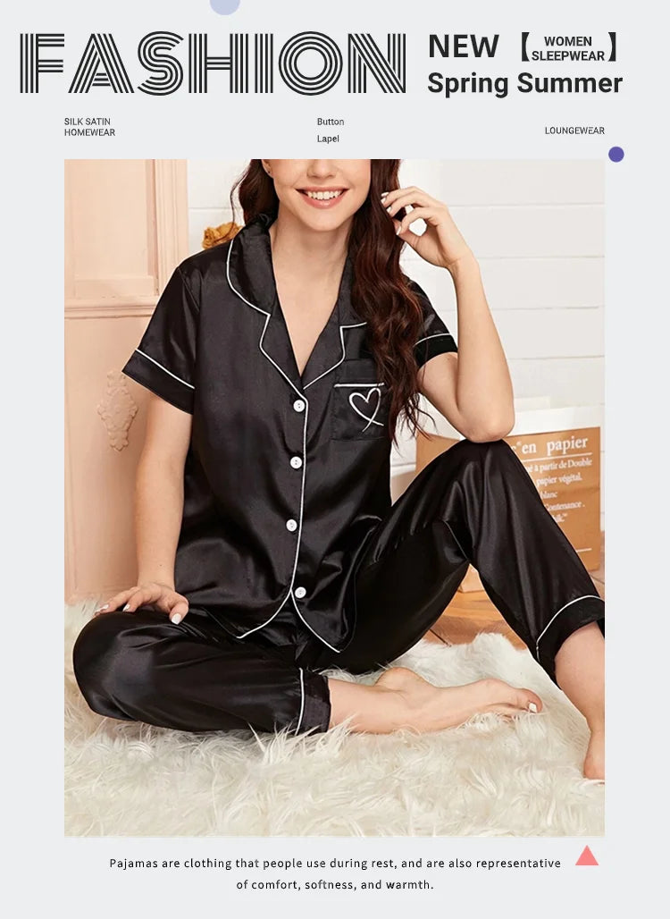 AMEHE Women's Satin Heart Embroidered Button-Up Pajama Lounge Set