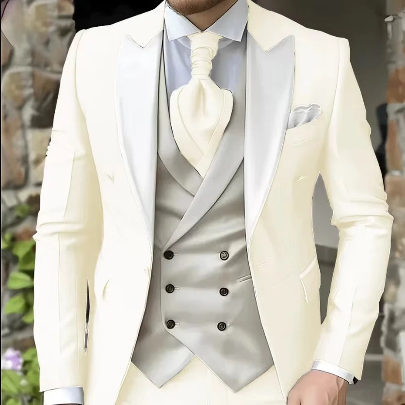 AMEHE Men’s White 3-Piece Tuxedo Suit – Blazer, Vest & Pants