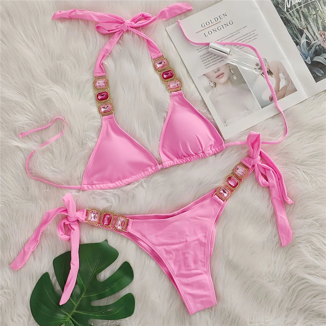 AMEHE Rhinestone Halter Two-Piece Bikini Swimsuit