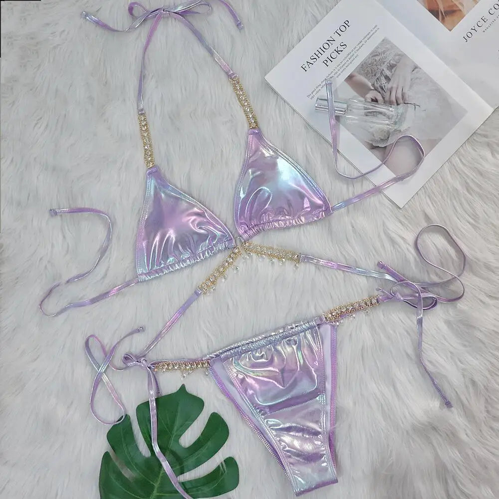 AMEHE Luxury Rhinestone Crystal Two-Piece Thong Bikini Swimsuit