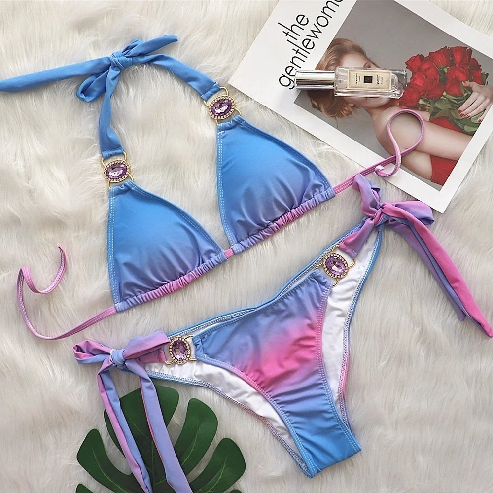 AMEHE Luxury Rhinestone Crystal Two-Piece Thong Bikini Swimsuit