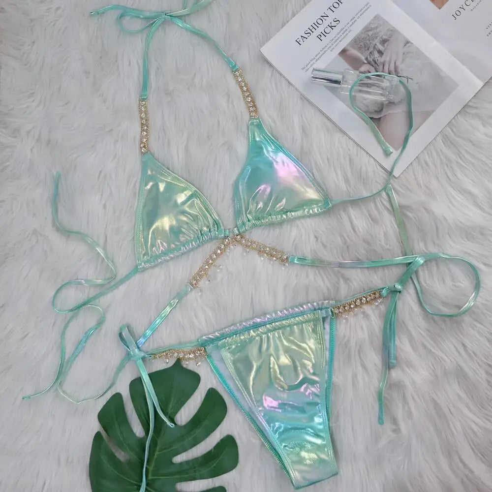 AMEHE Luxury Rhinestone Crystal Two-Piece Thong Bikini Swimsuit