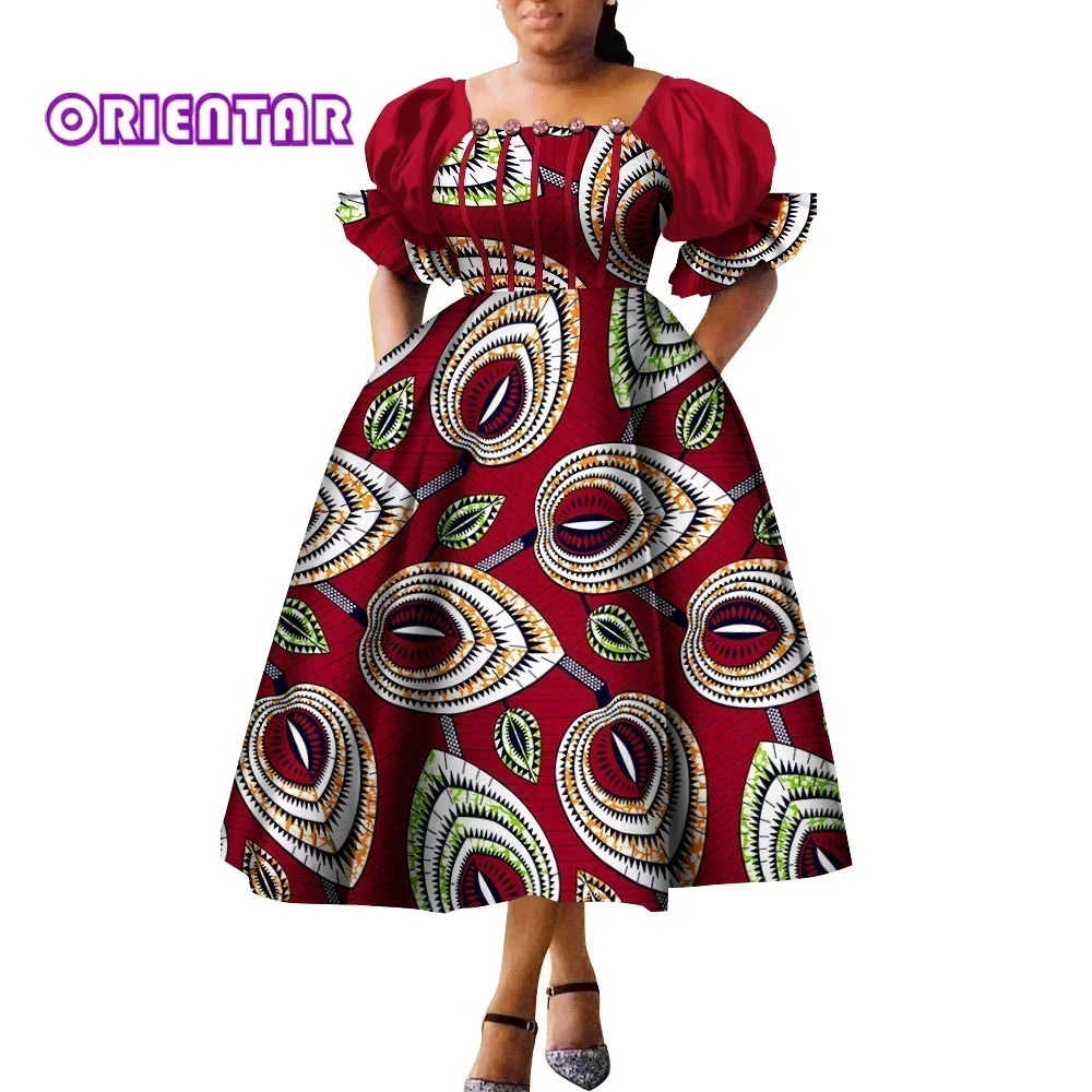 Women’s African Print Puff Sleeve Maxi Dress – High Waist Princess Gown