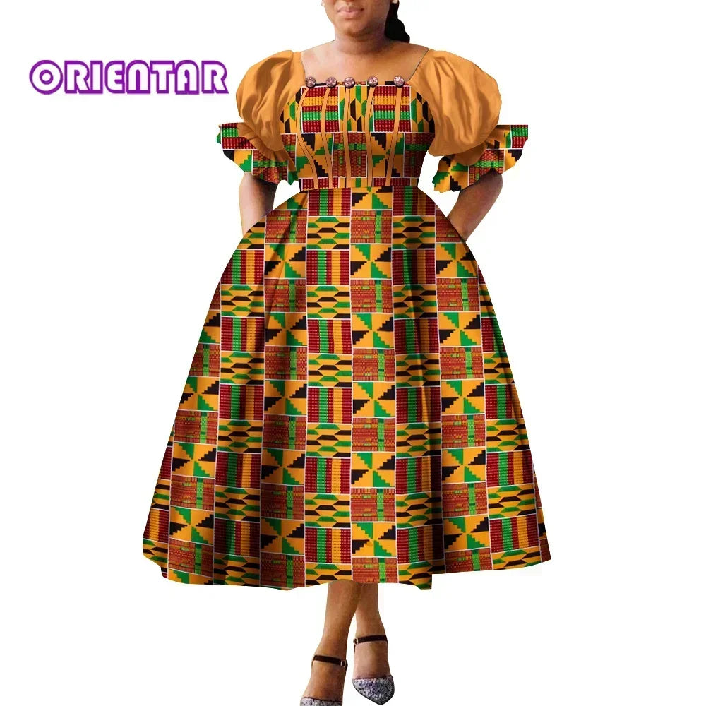 Women’s African Print Puff Sleeve Maxi Dress – High Waist Princess Gown