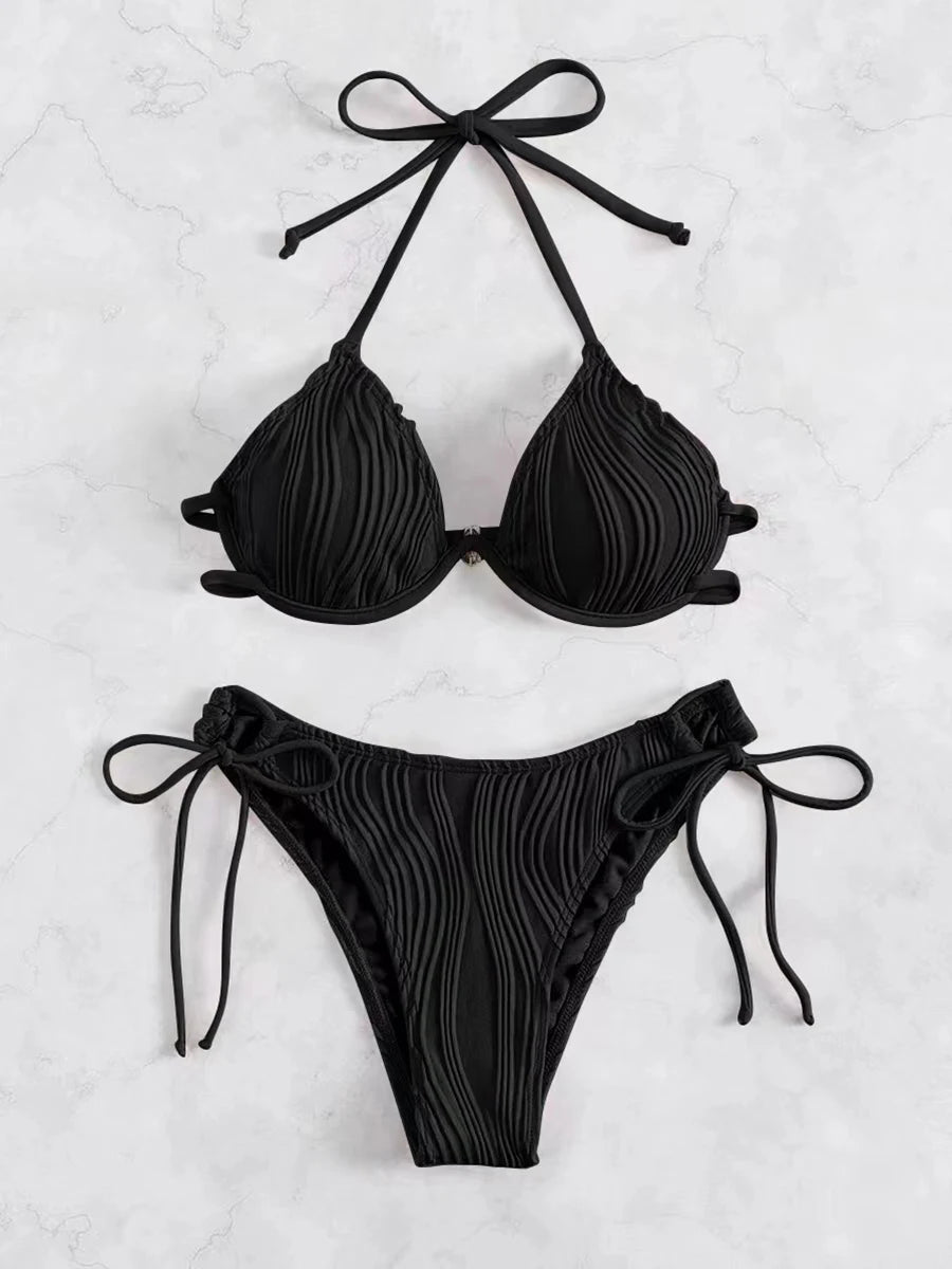 Women's Halter String Push-Up Bikini Set – Solid Color Two-Piece Swimsuit, Sexy Beach Swimwear