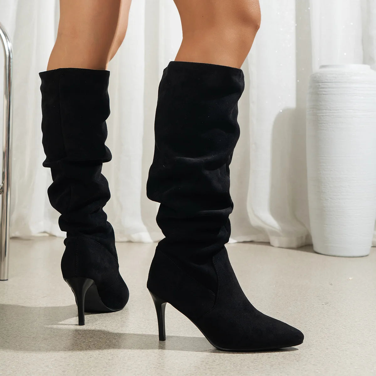 Ladies’ Suede Knee Boots – High Heels, Solid Color