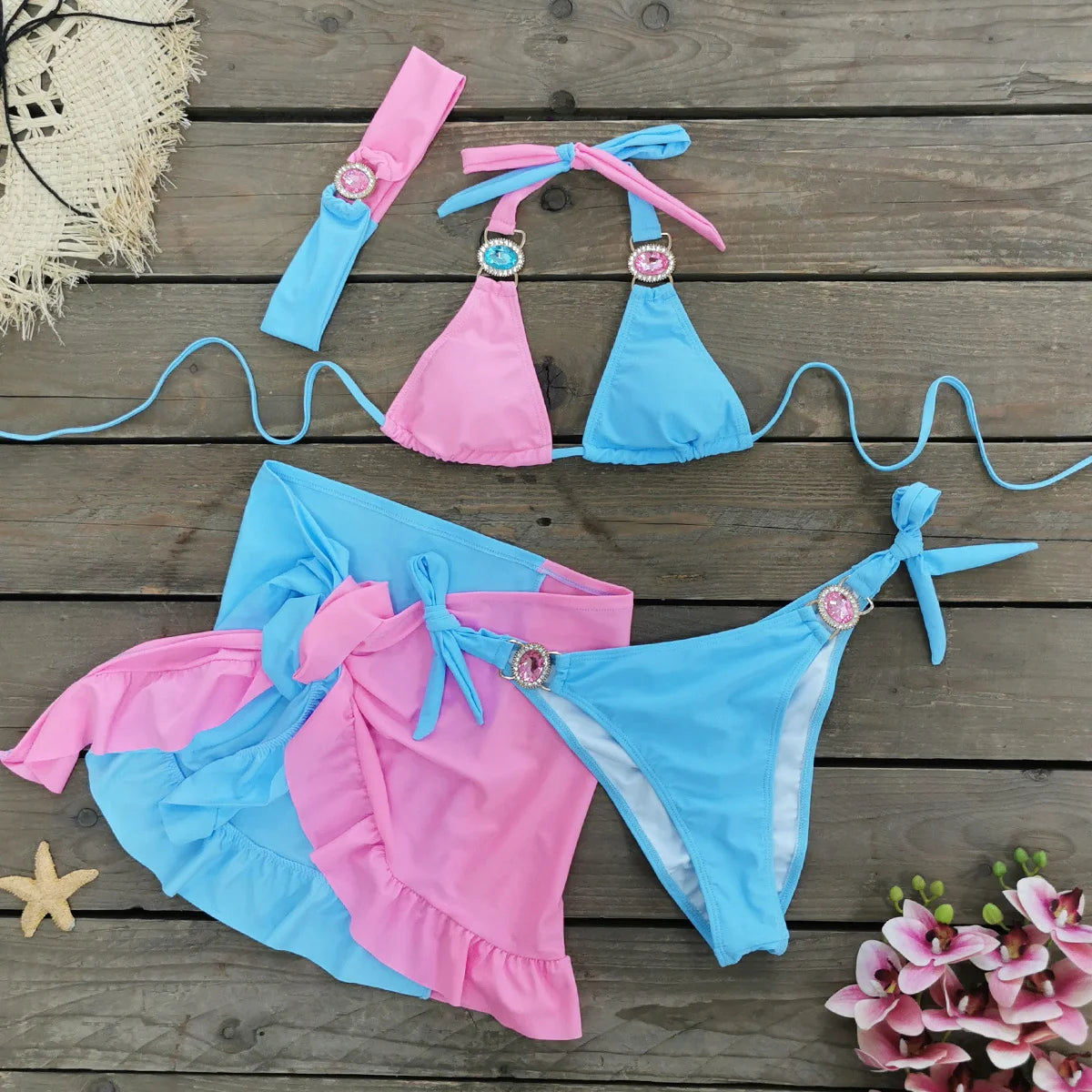 AMEHE Rhinestone Halter Bikini with Beach Skirt – 3-Piece Swimwear Set