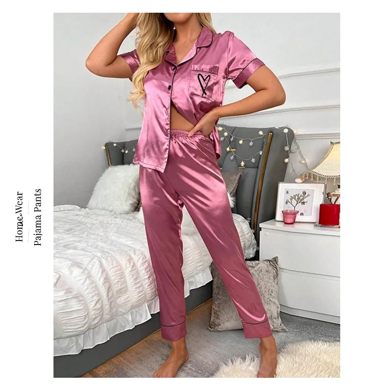 AMEHE Women's Satin Heart Embroidered Button-Up Pajama Lounge Set