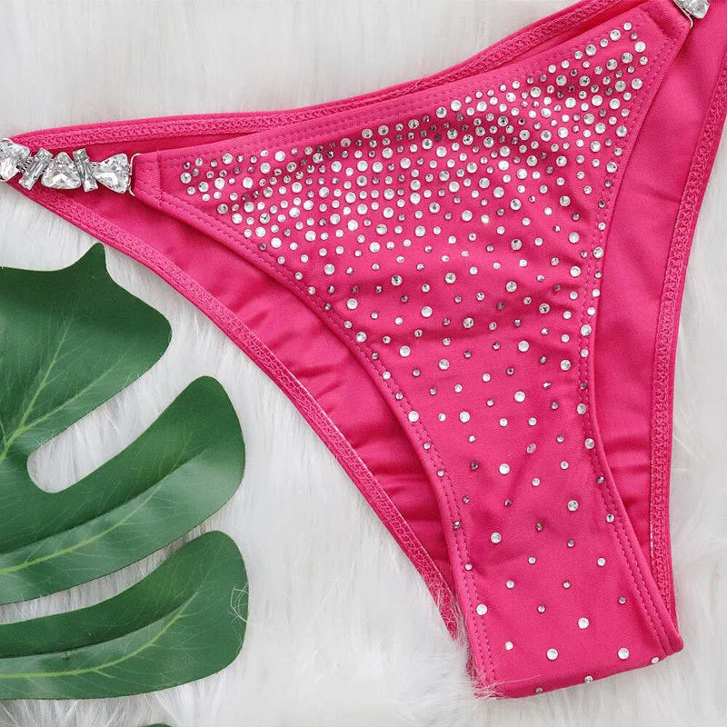 AMEHE Luxury Rhinestone Crystal Two-Piece Thong Bikini Swimsuit