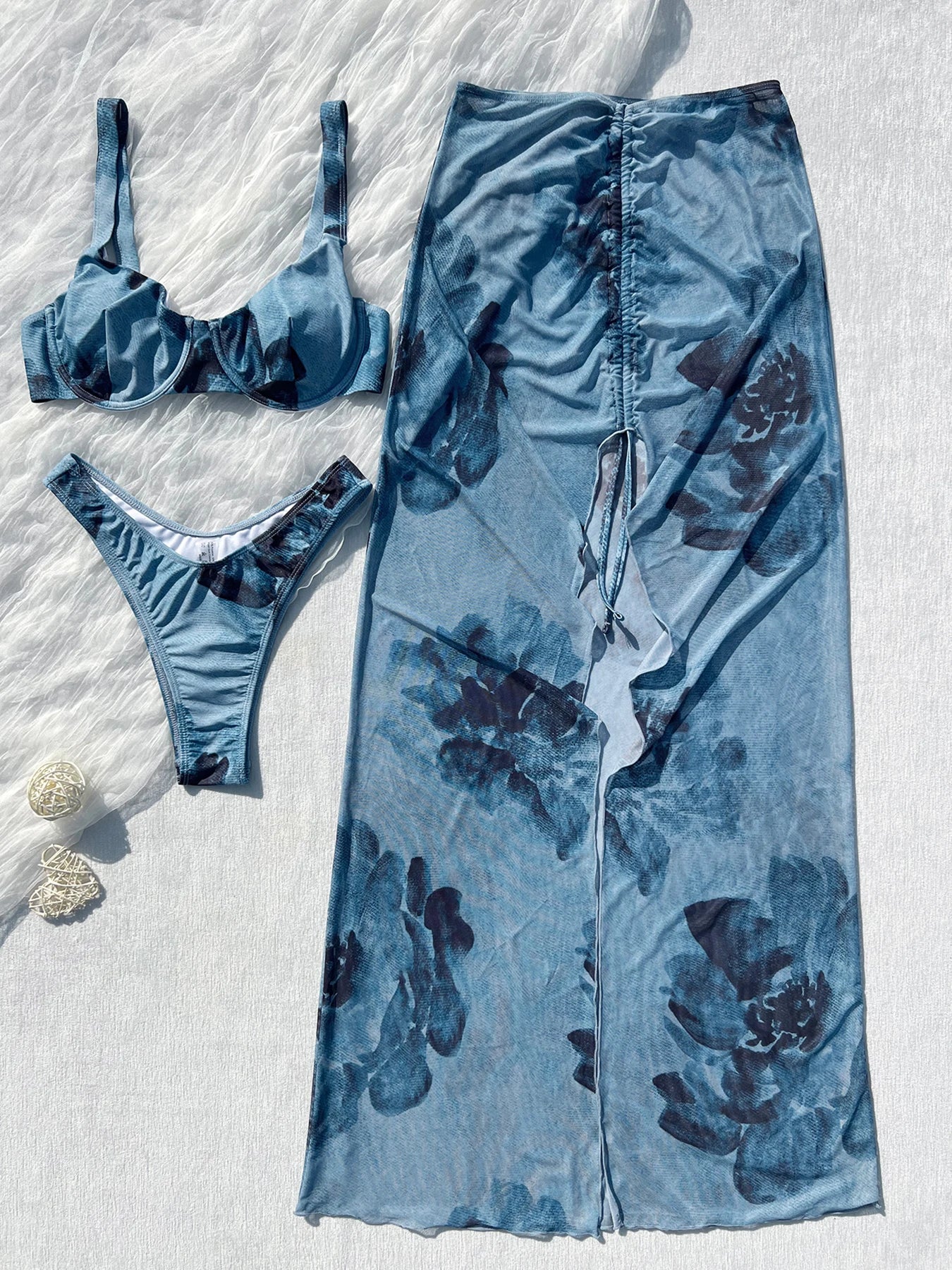 AMEHE 3-Piece Printed Push-Up Bikini Set with Beach Skirt