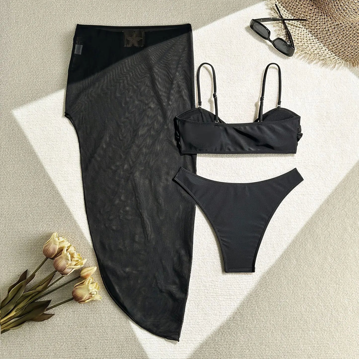 AMEHE 3-Piece High-Waist Push-Up Bikini Set with Starfish Detail