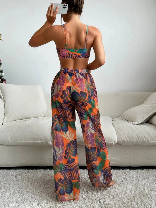 AMEHE 3-Piece Strappy Printed Bikini Set with Beach Pants