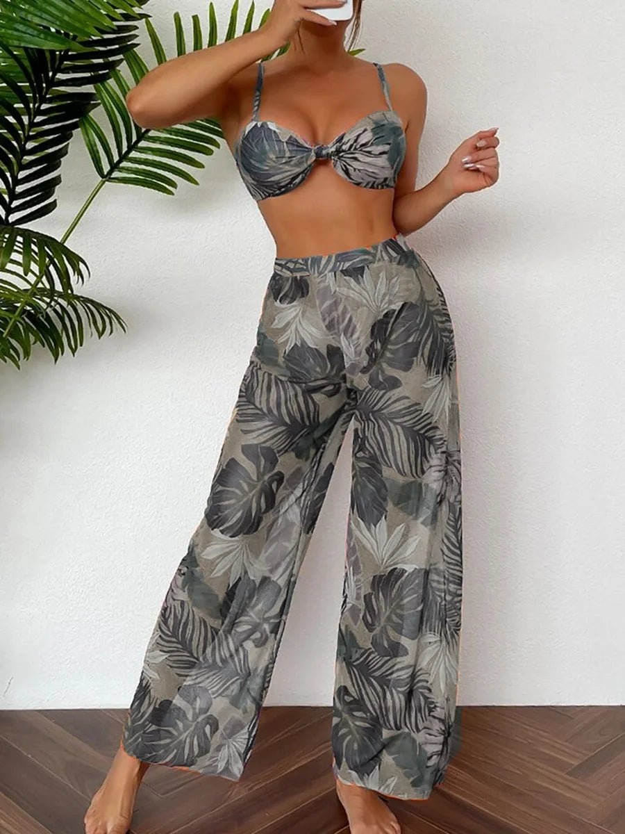 AMEHE 3-Piece Strappy Printed Bikini Set with Beach Pants