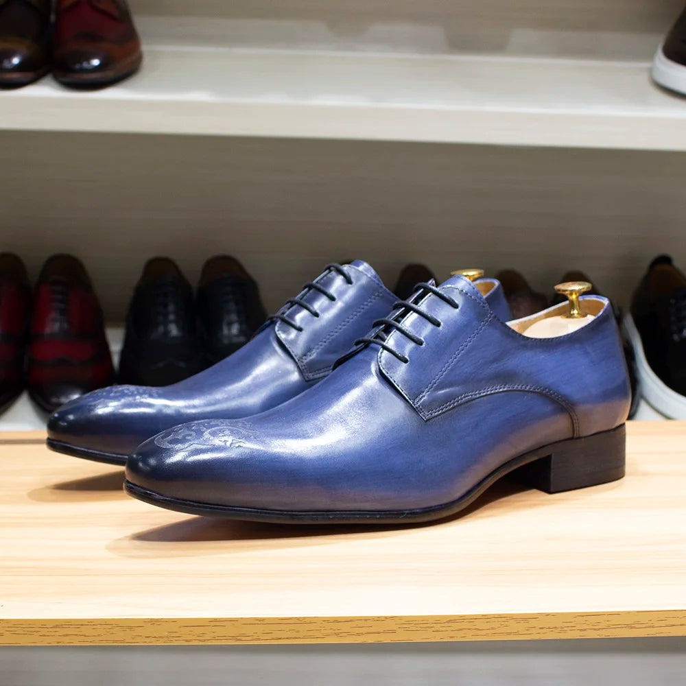 Elegant Men’s Oxford Derby Shoes – Genuine Leather, Pointed Toe