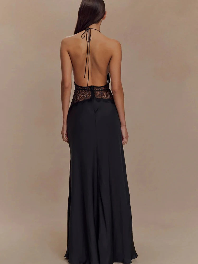 AMEHE Women's Lace Halter Deep V-Neck Backless Maxi Evening Dress