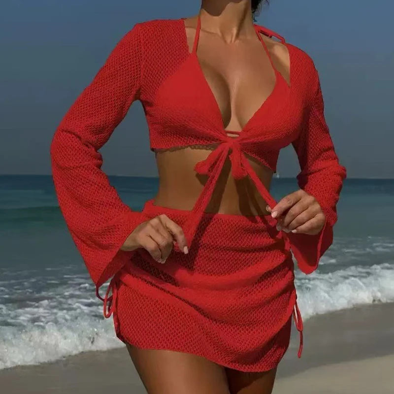 AMEHE 4-Piece Long Sleeve Triangle Bikini Set with Drawstring Skirt