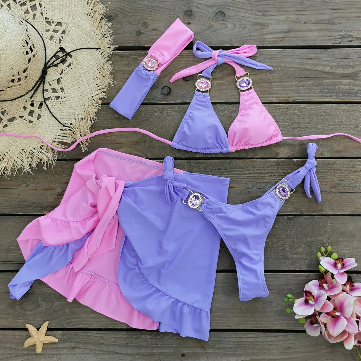 AMEHE Rhinestone Halter Bikini with Beach Skirt – 3-Piece Swimwear Set