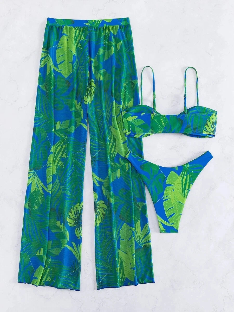 AMEHE 3-Piece Strappy Printed Bikini Set with Beach Pants
