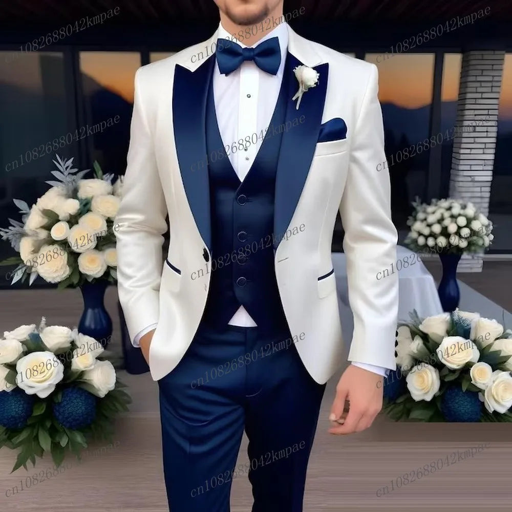 AMEHE Men’s White & Blue 3-Piece Suit – Blazer, Vest & Pants