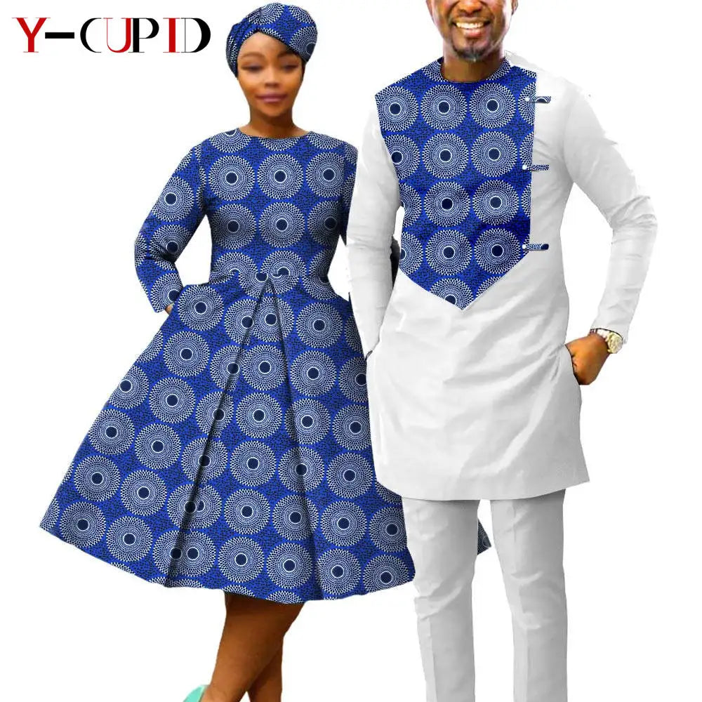 African Matching Couple Outfits | Dress, Headwrap & Men’s Dashiki Set