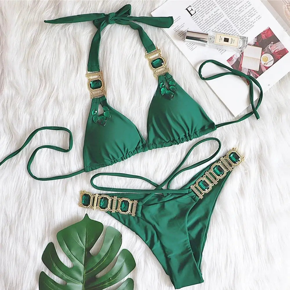 AMEHE Luxury Rhinestone Crystal Two-Piece Thong Bikini Swimsuit