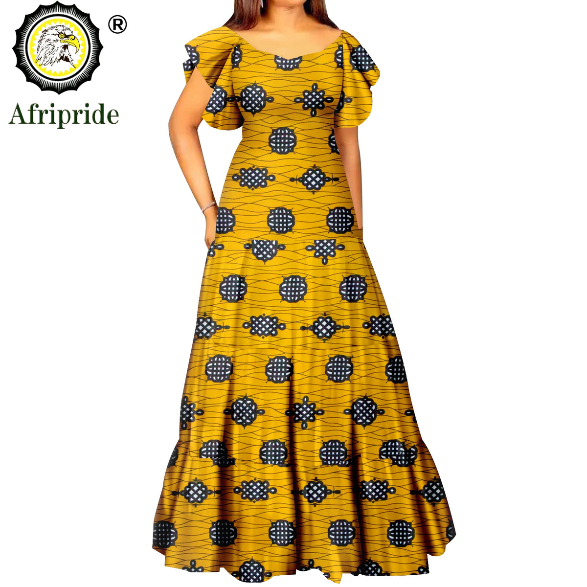 Women’s African Print Maxi Dress – Short Sleeve High Waist Elegant Party & Wedding Attire