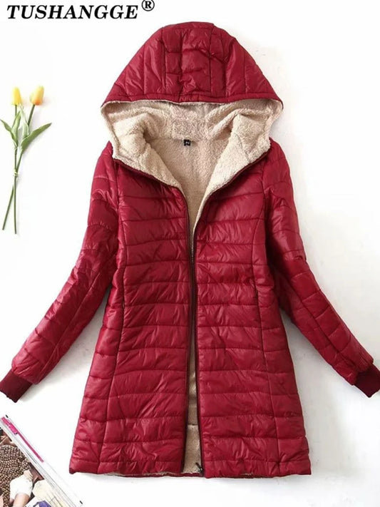 AMEHE Women's Hooded Mid-Length Fleece-Lined Winter Coat
