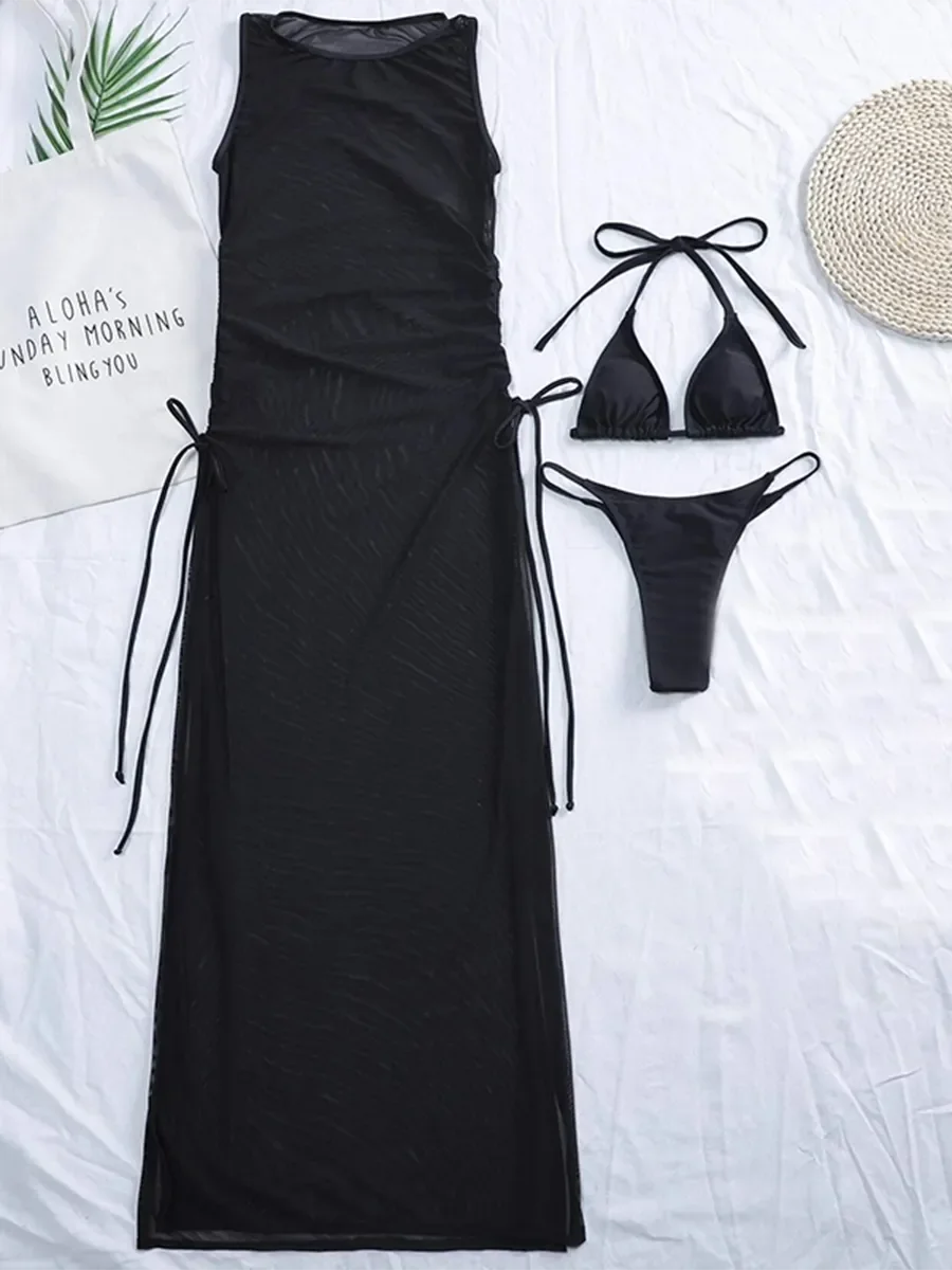 AMEHE Solid Color 3-Piece Bikini Set with Beach Cover-Up Dress