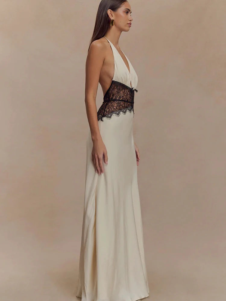 AMEHE Women's Lace Halter Deep V-Neck Backless Maxi Evening Dress