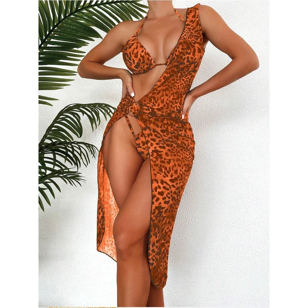 AMEHE 3-Piece Leopard Print Bikini with Mesh Beach Skirt