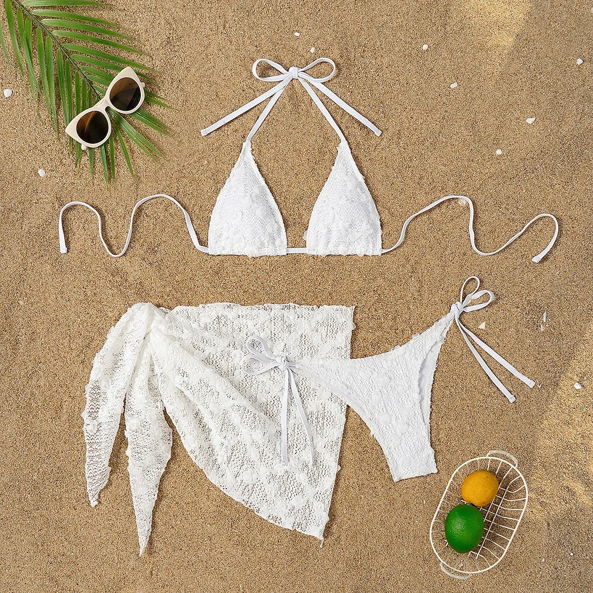 AMEHE White Lace 3-Piece Bikini Set with Cover-Up Skirt