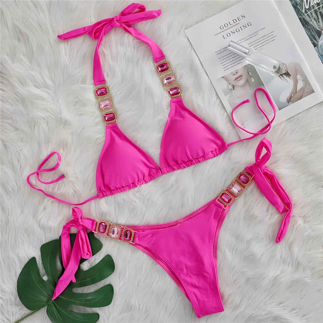 AMEHE Rhinestone Halter Two-Piece Bikini Swimsuit