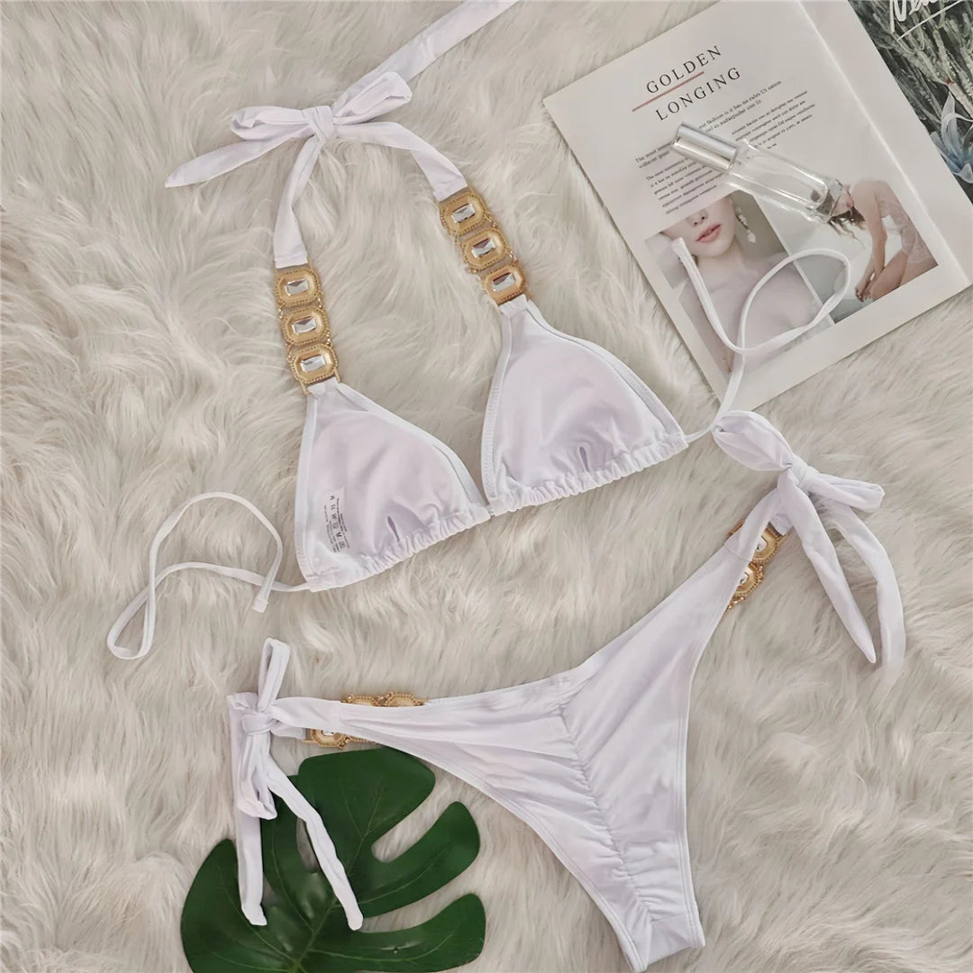 AMEHE Rhinestone Halter Two-Piece Bikini Swimsuit