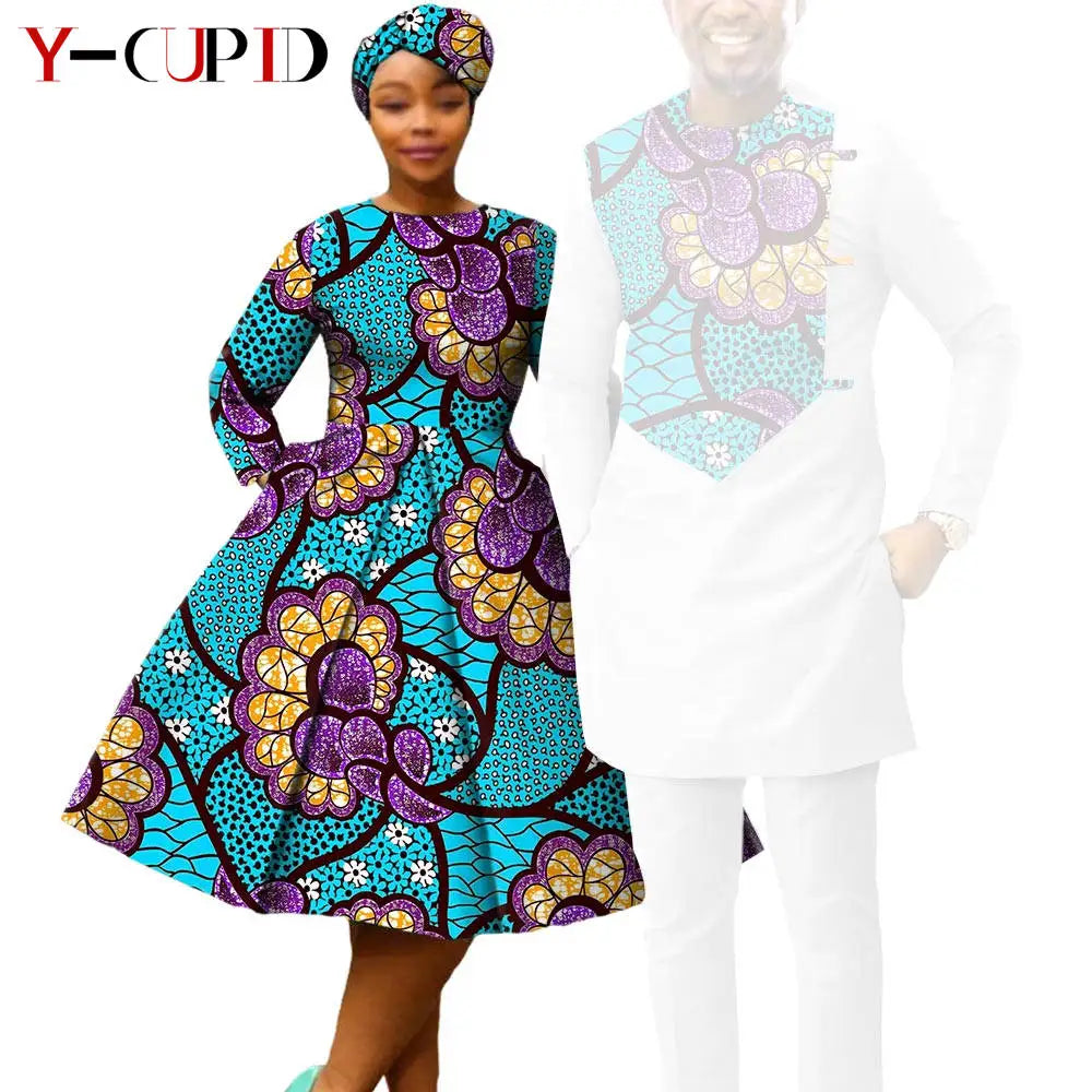 African Matching Couple Outfits | Dress, Headwrap & Men’s Dashiki Set